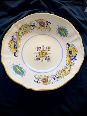 2 Italian Hand-Painted Ceramic Serving Platters in White with Blue Yellow Motif